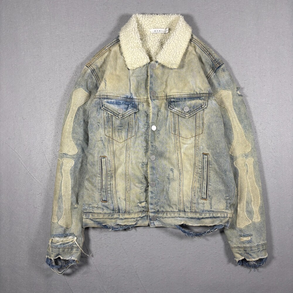 Mnml Jacket Mens M Blue Denim Bomber Sherpa Lined Skeleton Sleeves Distressed